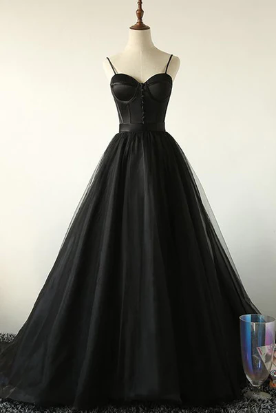 Ball Gown Spaghetti Straps Black Tulle Prom Dress Long Brush/Sweep Train Prom Dress