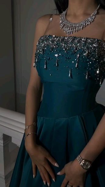 Elegant Teal A-line Spaghetti Strap Slit Satin Long Prom Dress Evening Dress