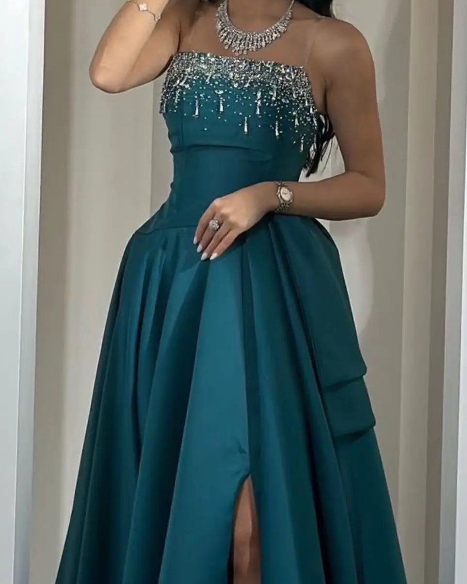 Elegant Teal A-line Spaghetti Strap Slit Satin Long Prom Dress Evening Dress