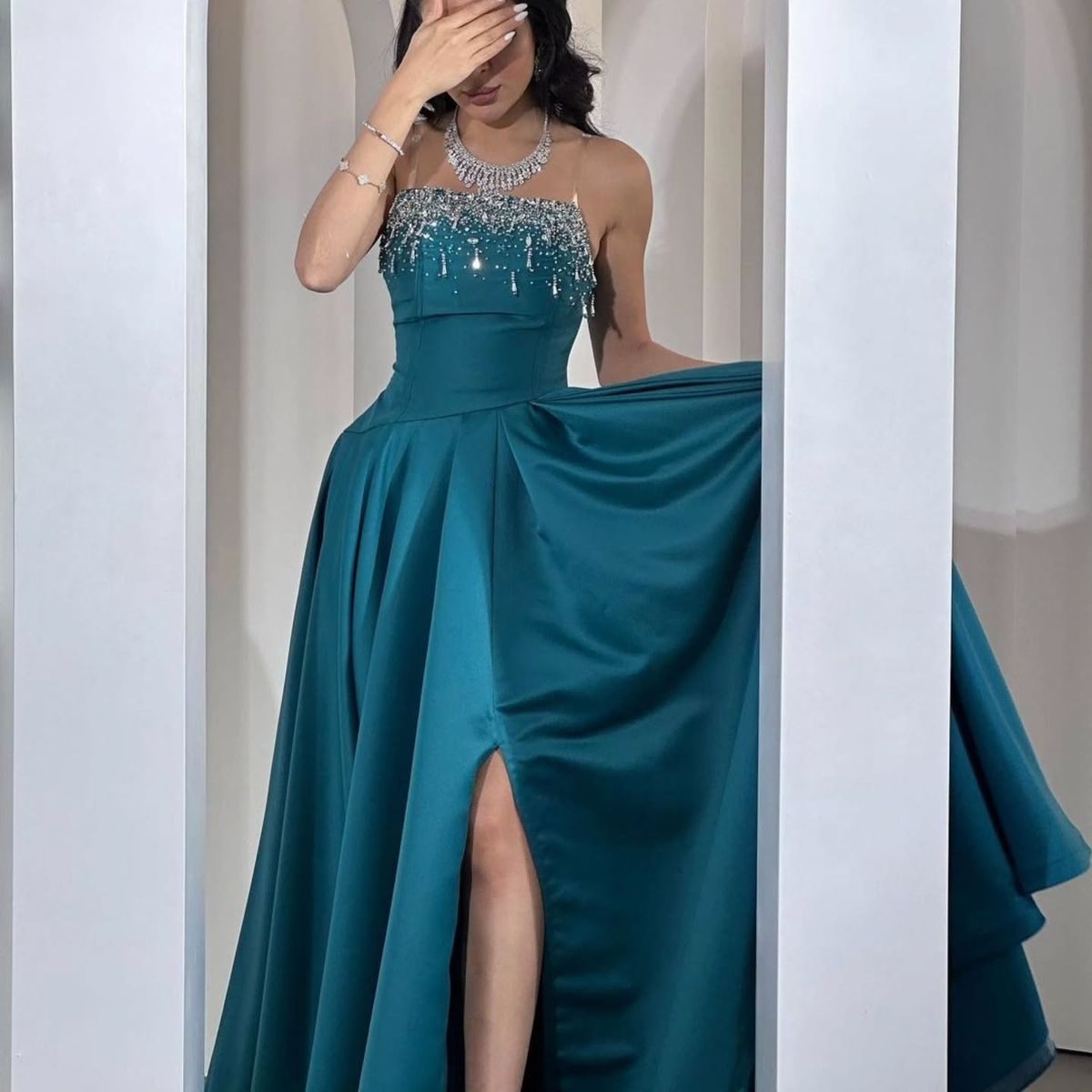 Elegant Teal A-line Spaghetti Strap Slit Satin Long Prom Dress Evening Dress