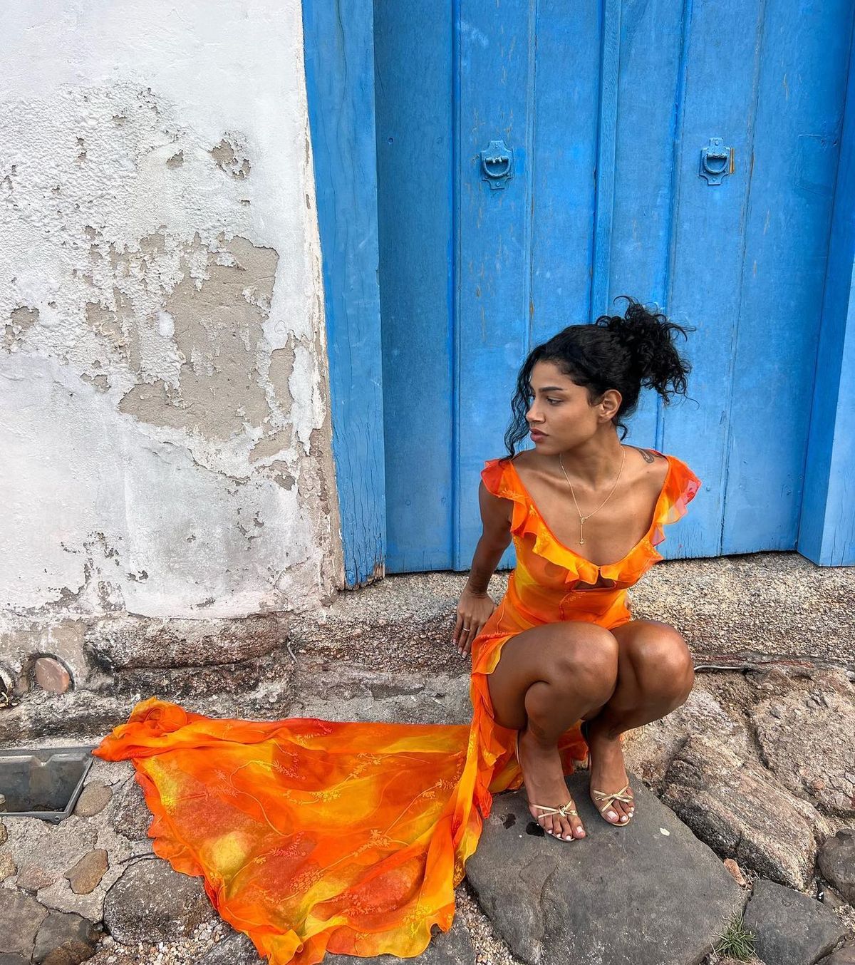 Sexy Orange Irregular Ruffled High Slit Chiffon Prom Dress