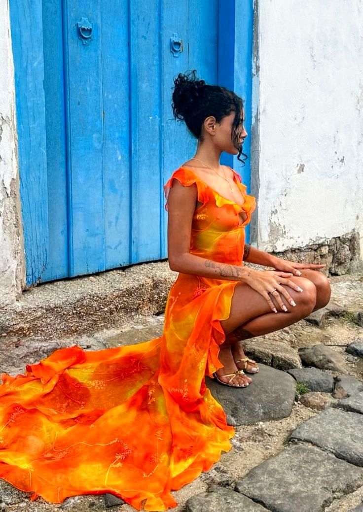 Sexy Orange Irregular Ruffled High Slit Chiffon Prom Dress