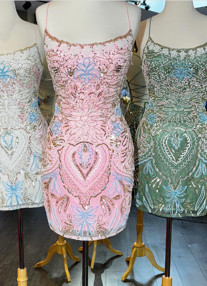 Gorgeous Pink Thin Strap Beaded Sequins Slim Birthday Dress Homecoming Dress