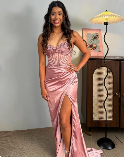 Elegant Pink Sweetheart Neck Corset Beaded High Slit Satin Long Prom Dress Evening Dress
