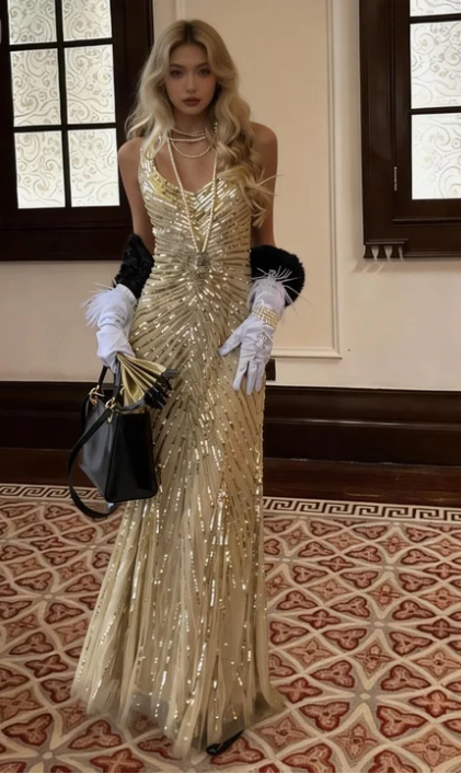 Gorgeous Champagne Gold V-Neck Mermaid Sequin Striped Tulle Long Prom Dress Evening Dress