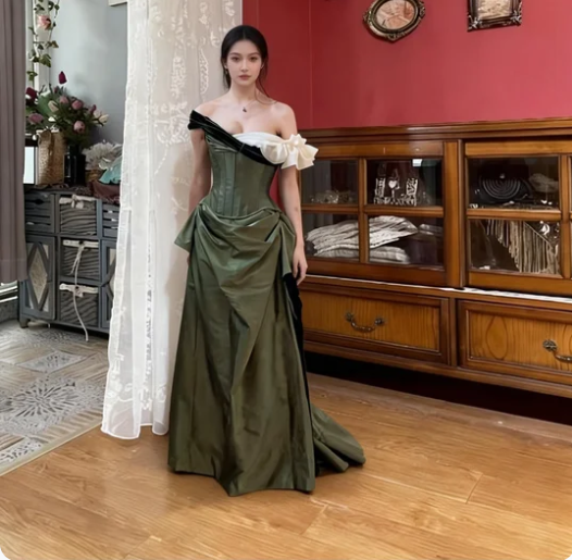 Elegant Vintage Green Off-the-Shoulder Mermaid Boned Corset Satin Prom Dress Evening Dress