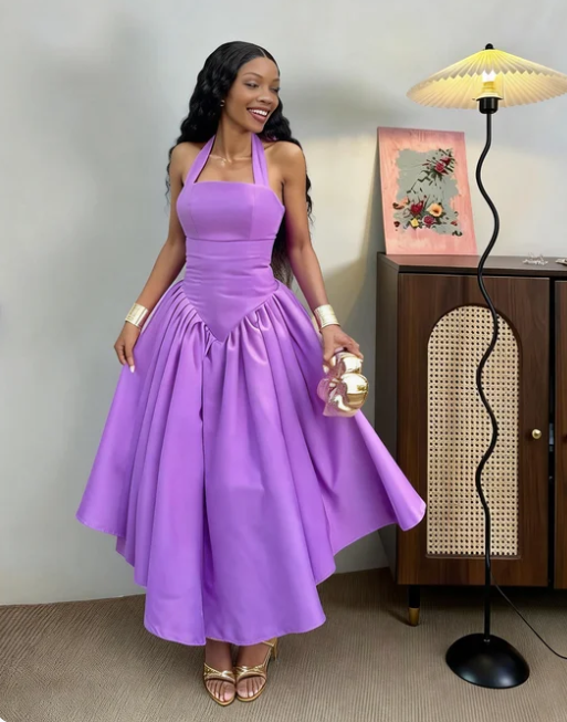 Elegant Purple Halter Neck A-Line Satin Long Prom Dress Evening Dress