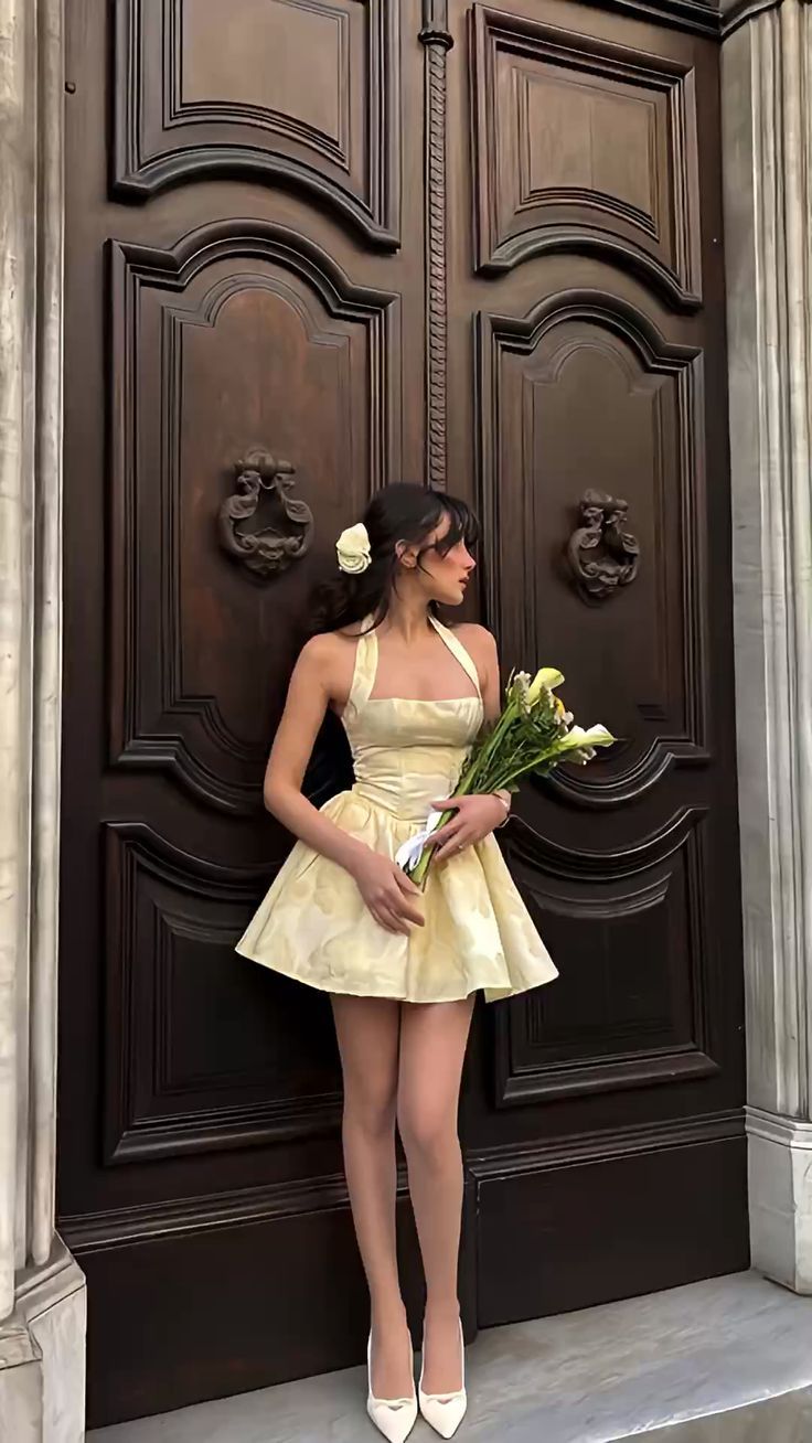 Sweet Light Yellow Halterneck Floral Jacquard A-line Birthday Dress Homecoming Dress