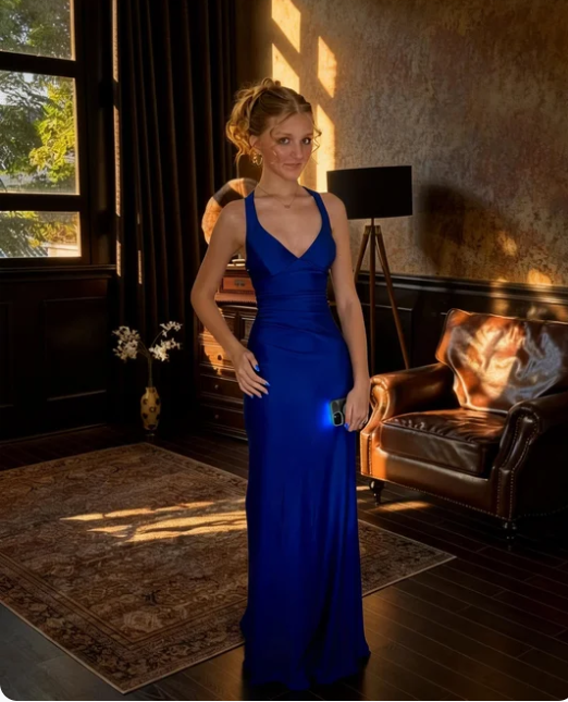 Elegant Royal Blue V-Neck Mermaid Satin Long Prom Dress Evening Dress