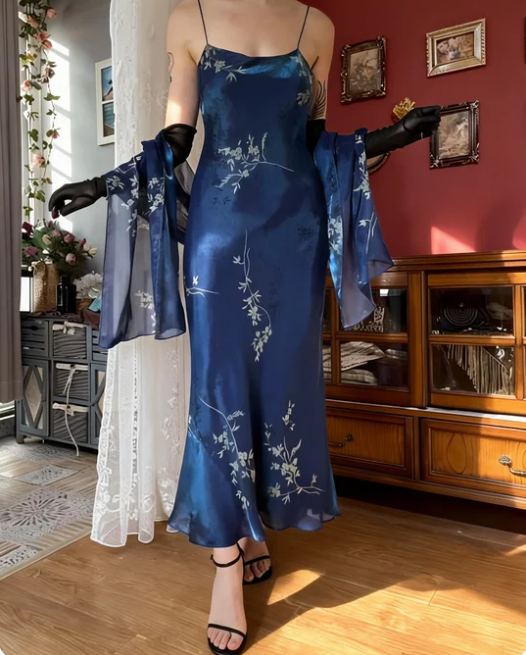 Vintage Navy Blue Printed Spaghetti Strap Mermaid Satin Prom Dress Evening Dress