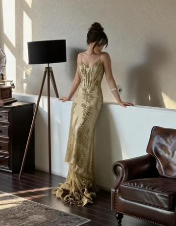 Gorgeous Champagne Gold Spaghetti Strap Mermaid Sequin Embroidered Tulle Train Prom Dress Evening Dress