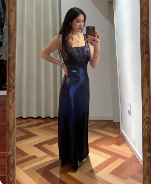 Vintage Navy Blue Square Neck Embroidered Satin Long Prom Dress Evening Dress