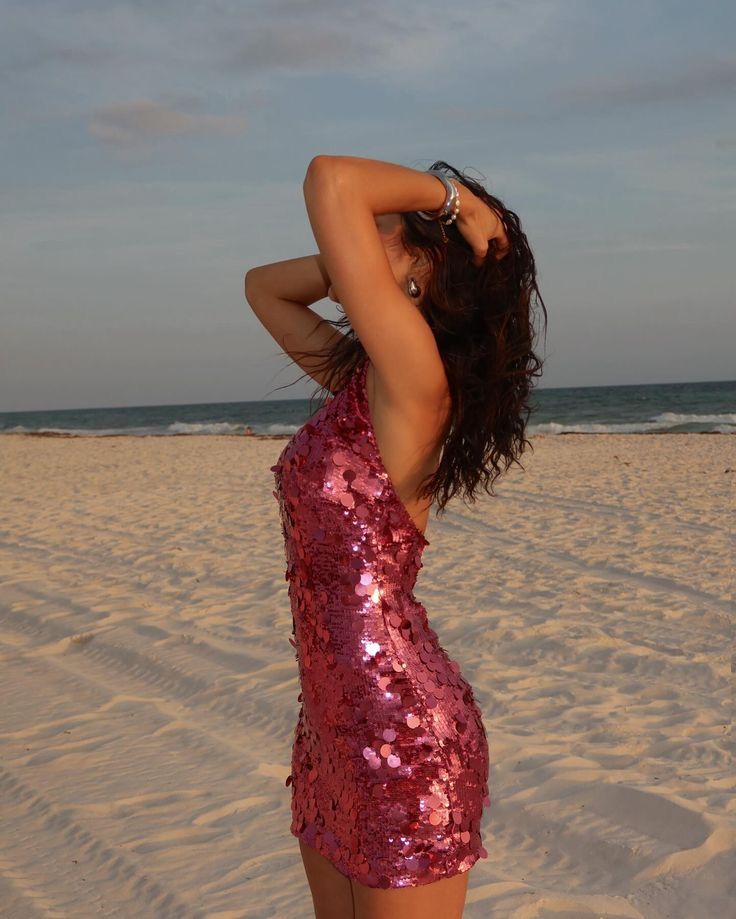 Shining Fashion Rose Pink Halter Neck Sequin Slim Birthday Dress Homecoming Dress