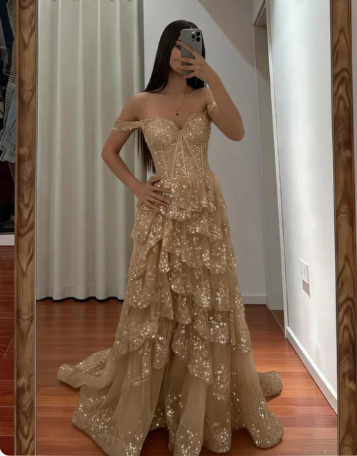 Gorgeous Champagne Gold Off-the-Shoulder A-Line Sequin Layered Tulle Train Prom Dress Evening Dress