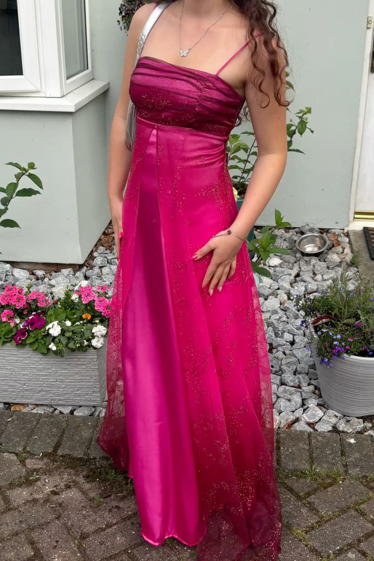 Vintage Rose Pink Spaghetti Strap A-Line Beaded Satin Long Prom Dress Evening Dress