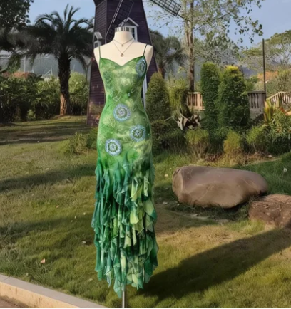 Stunning Gradient Green Print Spaghetti Strap Mermaid Ruffle Chiffon Prom Dress Evening Dress