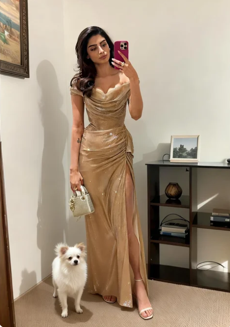 Elegant Champagne Gold Off-the-Shoulder Satin High Slit Long Prom Dress Evening Dress