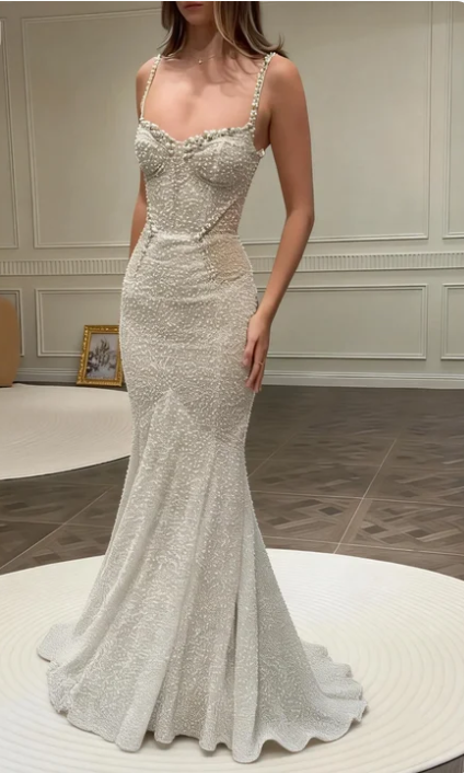 Gorgeous Ivory Spaghetti Strap Mermaid Pearl Tulle Long Prom Dress Evening Dress