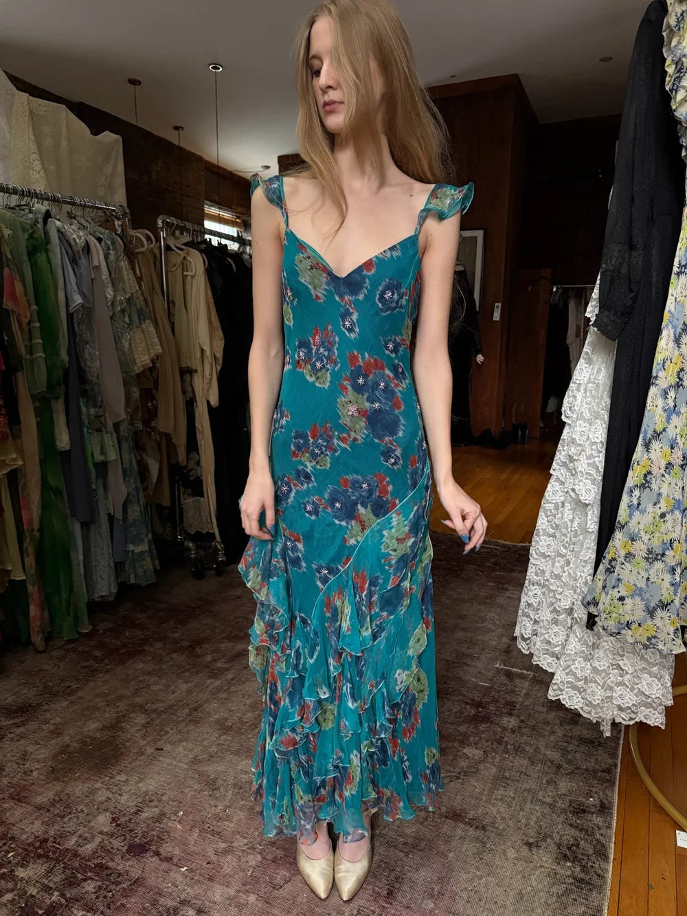 Vintage Lake Blue Floral Spaghetti Strap Mermaid Ruffle Chiffon Long Prom Dress Evening Dress