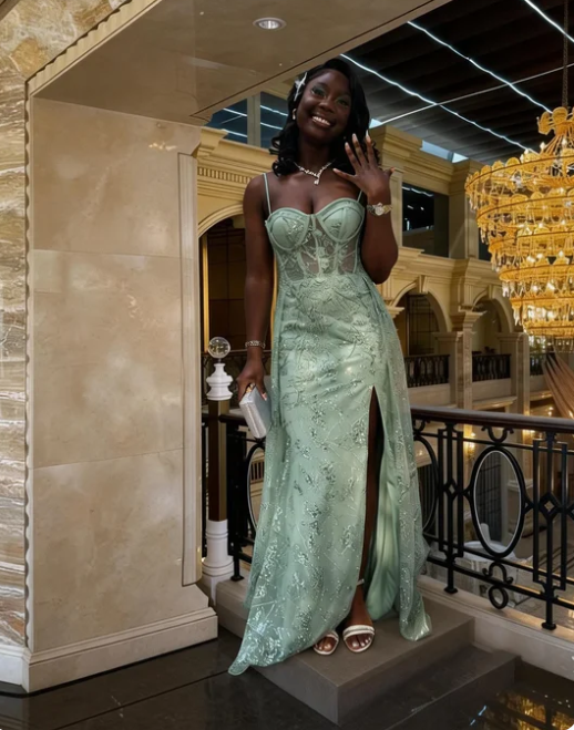 Classic Mint Green Spaghetti Strap Lace Embroidered High Slit Long Prom Dress Evening Dress