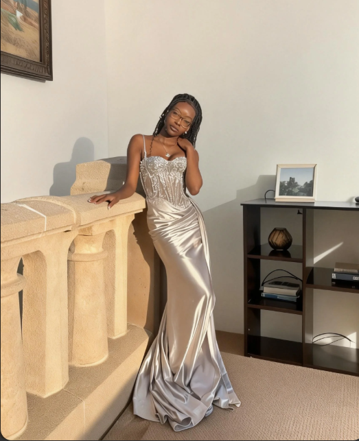Sexy Silver Spaghetti Strap Mermaid Satin Long Prom Dress Evening Dress