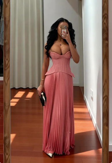 Sexy Pink Strapless A-Line Boned Waist Pleated Satin Long Prom Dress Evening Dress