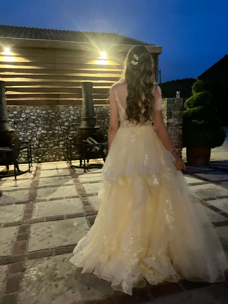 Sweet Pale Yellow A-line Multi-layer Cake Lace Tulle Long Prom Dress Evening Dress Bridesmaids Dress
