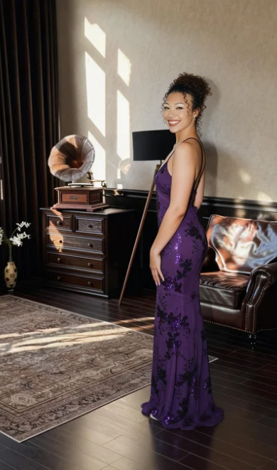 Vintage Dark Purple Deep V Spaghetti Strap Mermaid Sequin Tulle Long Prom Dress Evening Dress