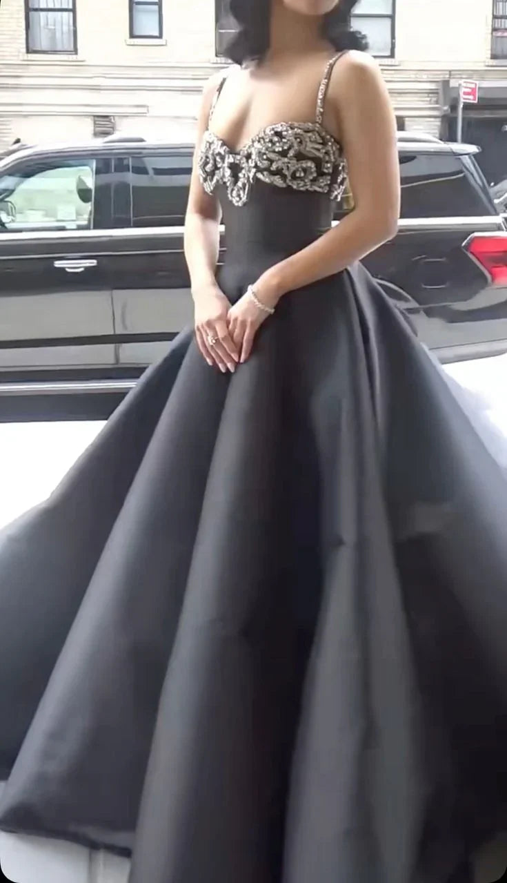 Elegant Black Spaghetti Strap A-Line Rhinestone Satin Train Prom Dress Evening Dress
