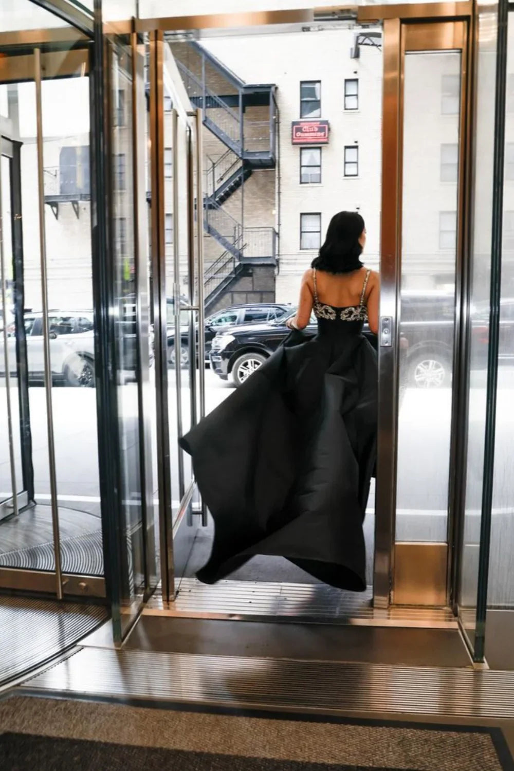 Elegant Black Spaghetti Strap A-Line Rhinestone Satin Train Prom Dress Evening Dress