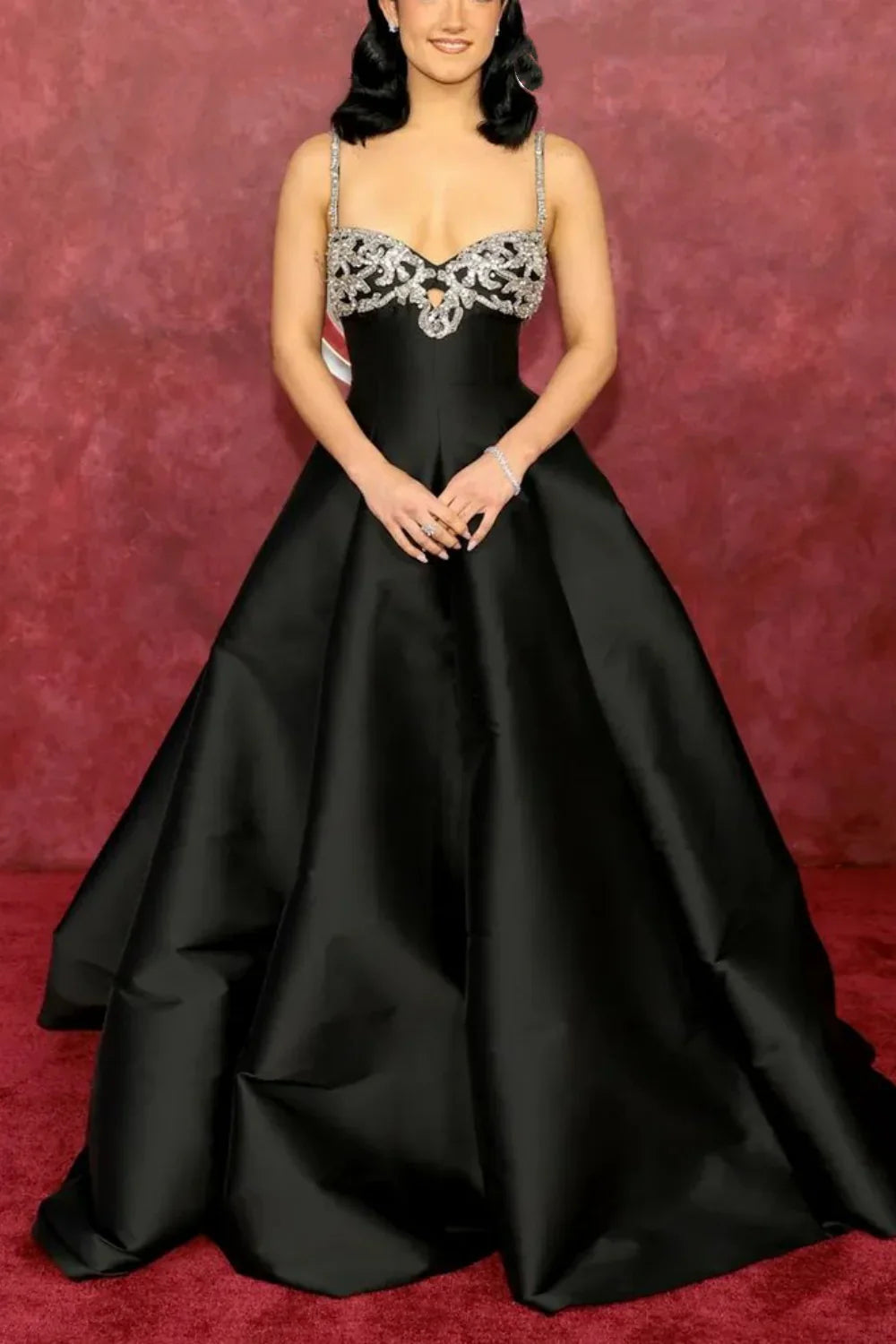 Elegant Black Spaghetti Strap A-Line Rhinestone Satin Train Prom Dress Evening Dress