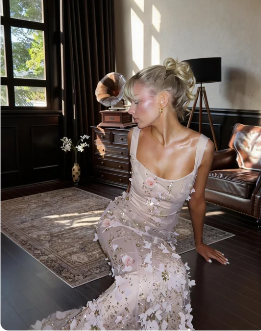 Dreamy Pink Square Neck Mermaid 3D Floral Beaded Sequin Tulle Long Prom Dress Evening Dress