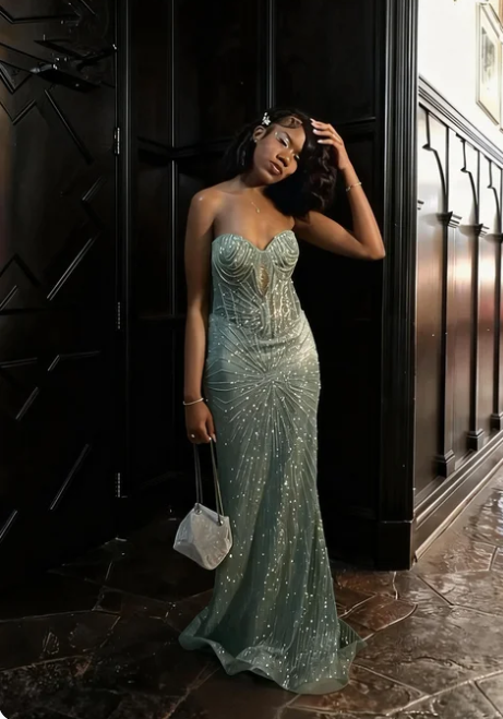 Sexy Mint Green Strapless Mermaid Sequin Long Prom Dress Evening Dress