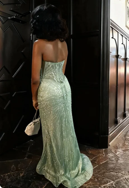 Sexy Mint Green Strapless Mermaid Sequin Long Prom Dress Evening Dress