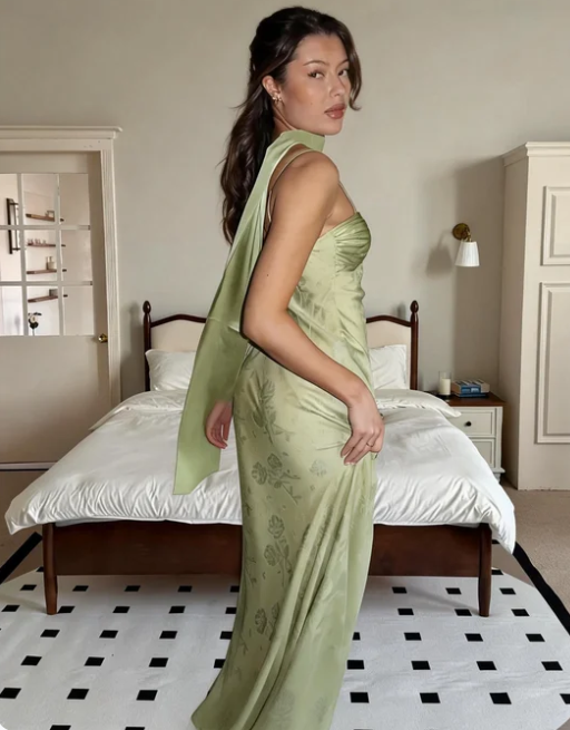 Vintage Light Green Spaghetti Strap Jacquard Satin Long Prom Dress Evening Dress