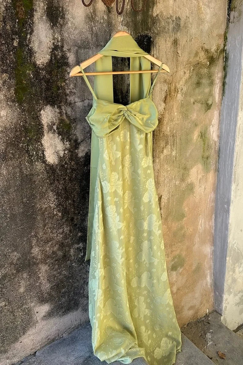 Vintage Light Green Spaghetti Strap Jacquard Satin Long Prom Dress Evening Dress