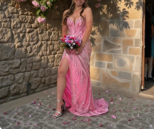 Shimmering Pink Strapless Mermaid Sequin High Slit Train Prom Dress Evening Dress