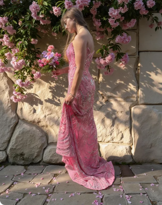 Shimmering Pink Strapless Mermaid Sequin High Slit Train Prom Dress Evening Dress