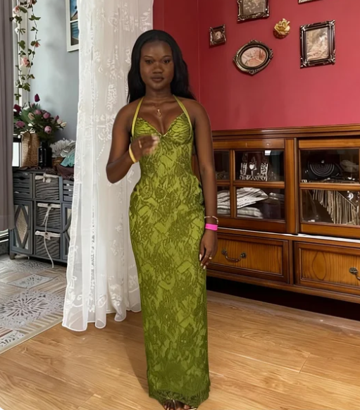 Vintage Green Halter Neck Mermaid Lace Long Prom Dress Evening Dress