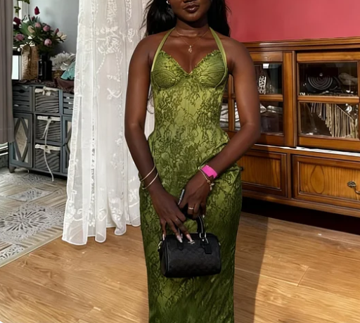 Vintage Green Halter Neck Mermaid Lace Long Prom Dress Evening Dress