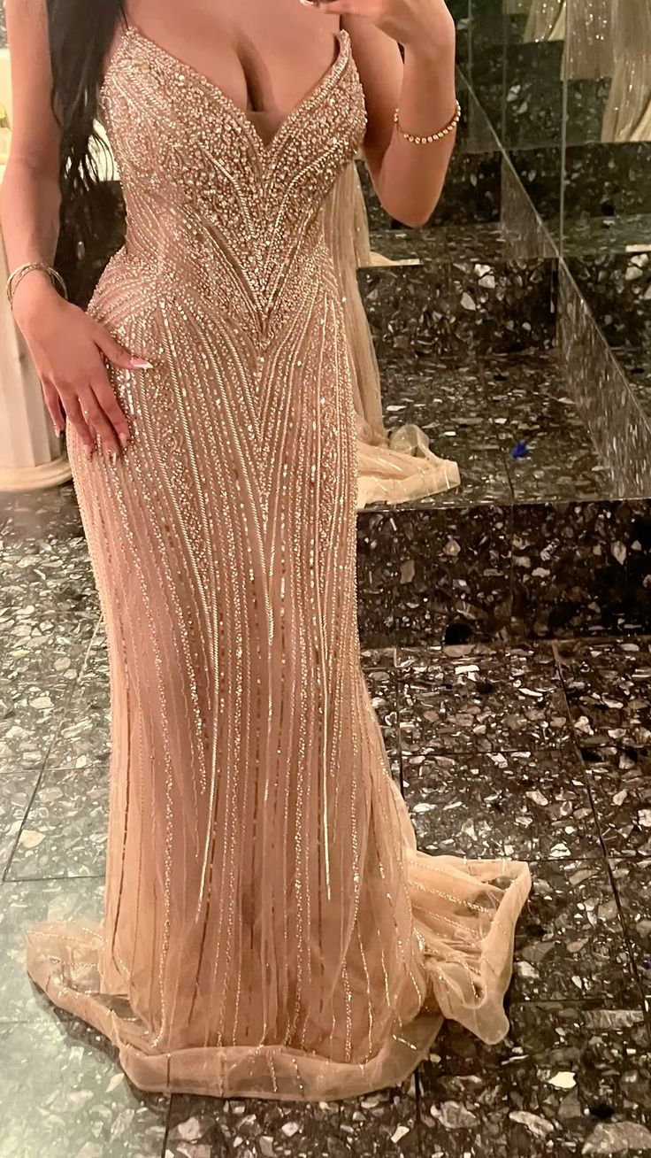Luxurious Sparkling Champagne V-Neck Beaded Sequin Mermaid Tulle Train Prom Dress Evening Dress