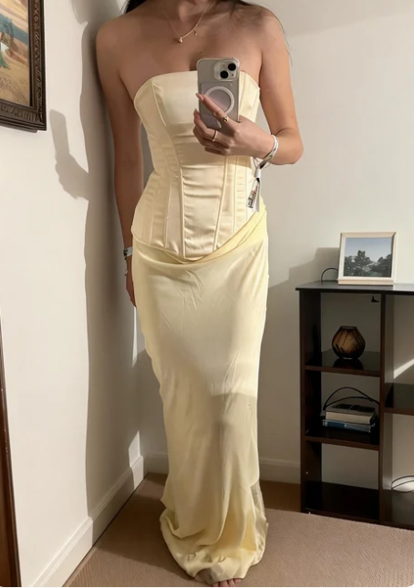 Simple Light Yellow Mermaid Boned Corset Satin Long Prom Dress Evening Dress