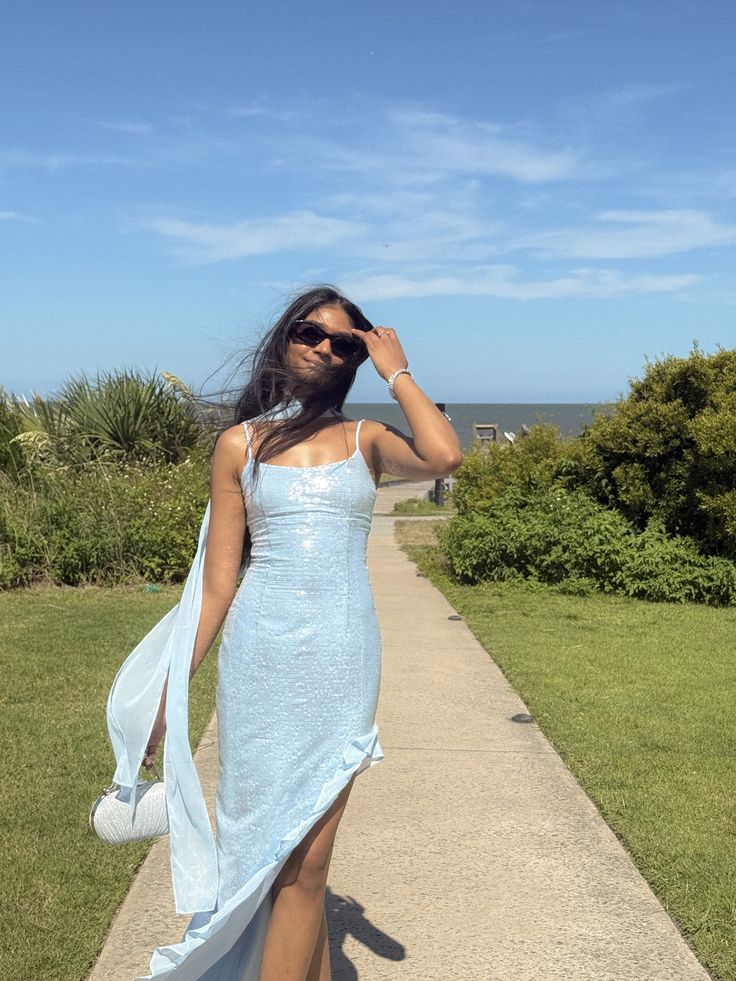 Shimmering Light Blue Irregular Strap Square Neck Slit Sequin Party Dress Bridesmaid Dress