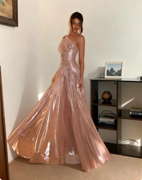 Elegant Dusty Pink One Shoulder Ruched Satin Long Prom Dress Evening Dress