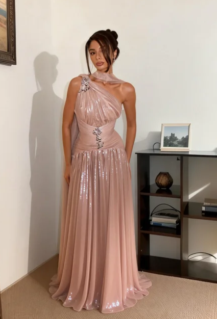 Elegant Dusty Pink One Shoulder Ruched Satin Long Prom Dress Evening Dress