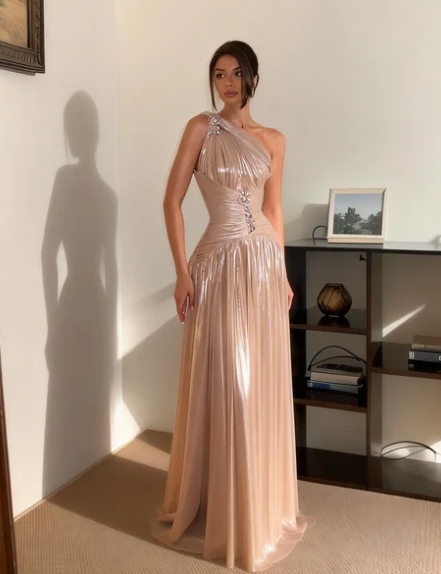 Elegant Dusty Pink One Shoulder Ruched Satin Long Prom Dress Evening Dress