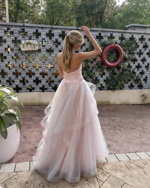 Sweet Pink Heart Neck A-Line Layered Tulle Long Prom Dress Evening Dress
