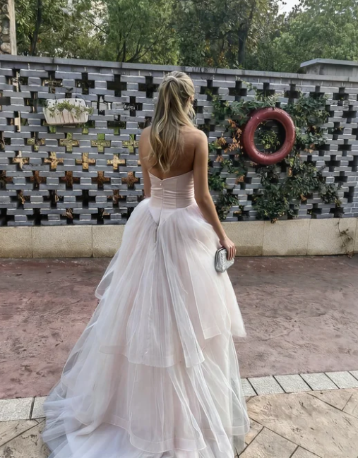 Sweet Pink Heart Neck A-Line Layered Tulle Long Prom Dress Evening Dress