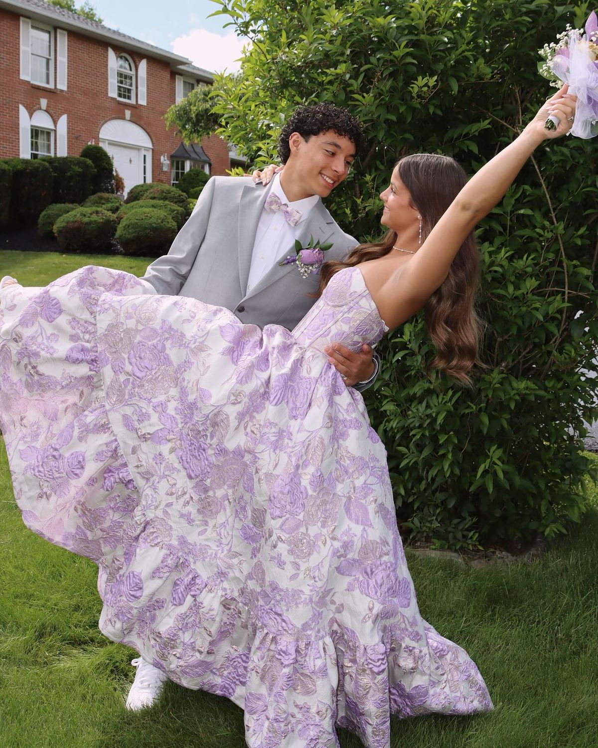 Dreamy Purple White Jacquard Strapless A-Line Rose Embroidery Satin Long Prom Dress Evening Dress