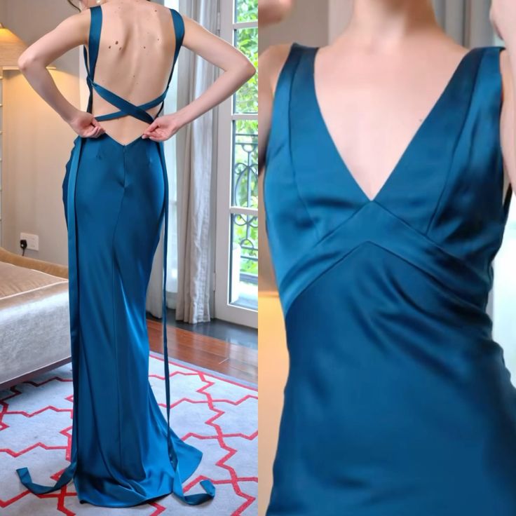 Elegant Lake Blue V-Neck Cross Lace-up Backless Mermaid Satin Long Prom Dress Evening Dress